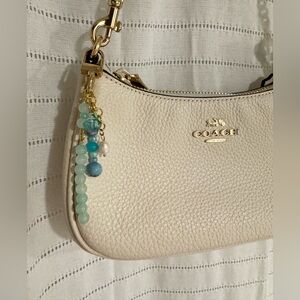 Blue Aqua Beach Beaded Bag Charm Keychain with Pearl and Shell Detail